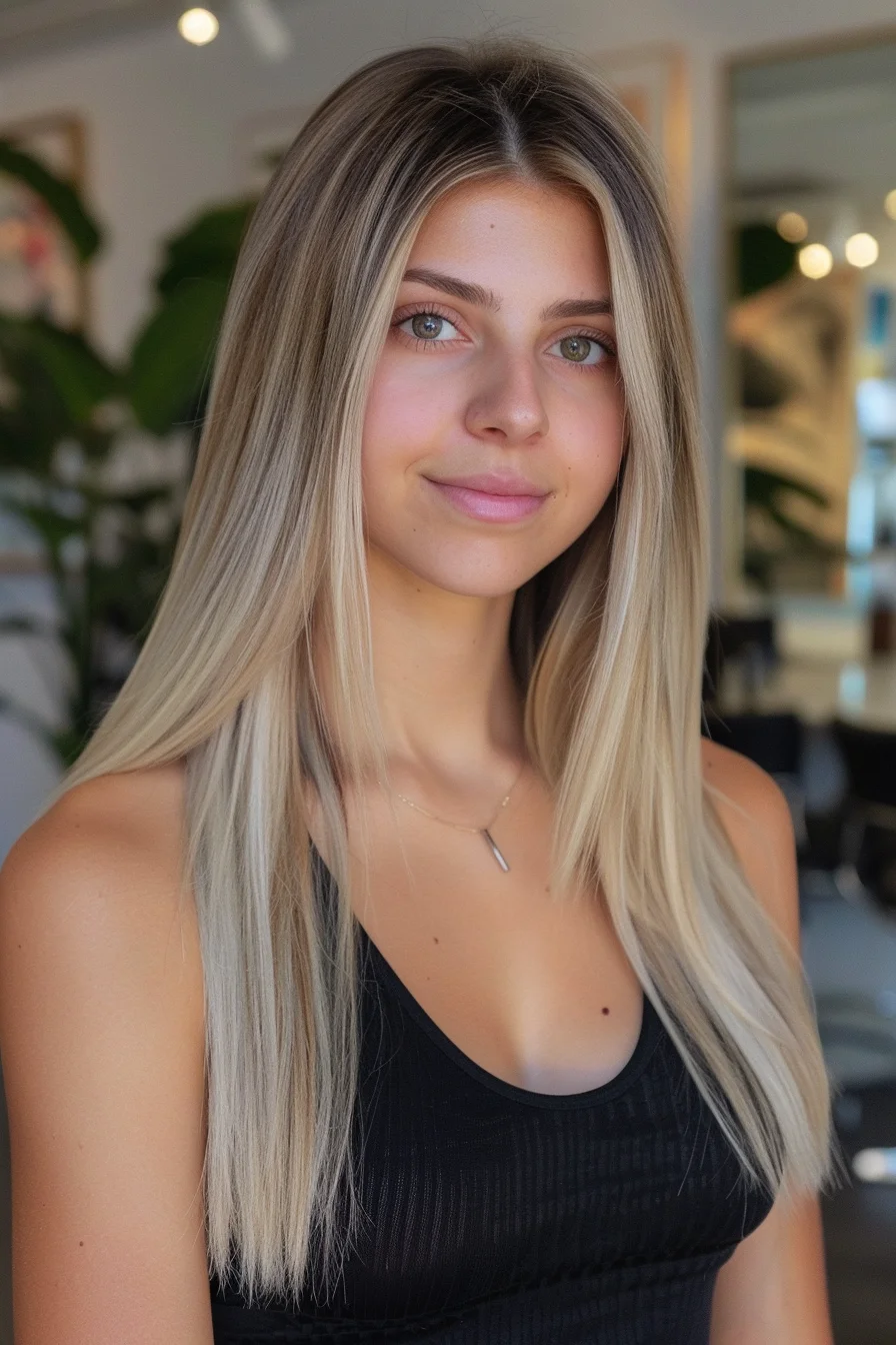 Long and sleek, this cool-toned blonde is all about that smooth, polished finish. The ash blonde base is elevated with lighter, nearly platinum ends, creating a seamless gradient that catches the eye without overwhelming. This straight, center-parted style keeps things simple yet striking, making it perfect for those who prefer minimal effort with maximum impact. It’s a versatile look that’s both youthful and elegant, effortlessly transitioning from day to night.