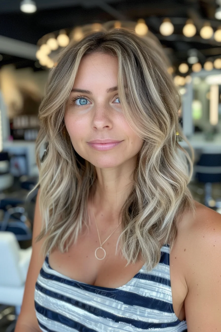 A tousled, wavy look that mixes sandy blonde with soft ashy highlights, creating a multi-dimensional effect that's effortlessly chic. The shoulder-length cut adds just the right amount of volume, while the darker roots give it a natural, lived-in feel. This style is perfect for those looking to add some lightness and texture without committing to a full-on blonde. It captures that casual, sun-kissed vibe, making it ideal for both everyday wear and more dressed-up occasions.