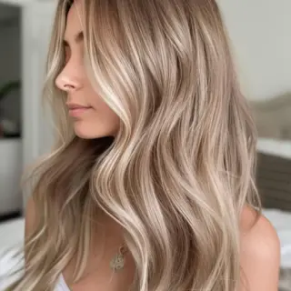 This soft, cascading wave features a stunning blend of cool beige and creamy blonde tones that flow beautifully down the length. The loose waves add a touch of romantic movement, giving the hair a lightweight, airy feel. Perfect for those who love a polished yet relaxed look, this style brings a subtle sophistication with its harmonious mix of highlights and lowlights, making it versatile enough for both day and night.