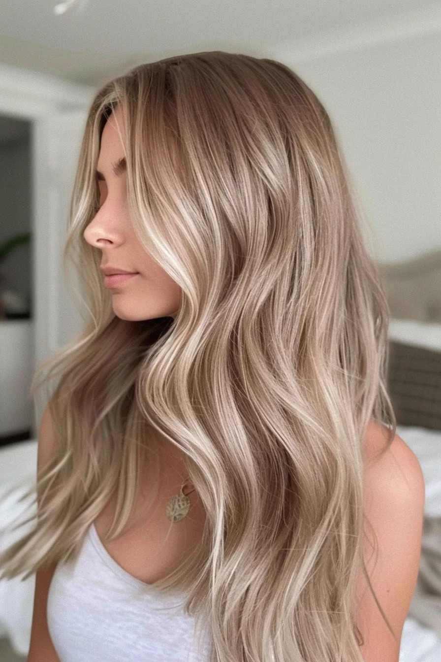 This soft, cascading wave features a stunning blend of cool beige and creamy blonde tones that flow beautifully down the length. The loose waves add a touch of romantic movement, giving the hair a lightweight, airy feel. Perfect for those who love a polished yet relaxed look, this style brings a subtle sophistication with its harmonious mix of highlights and lowlights, making it versatile enough for both day and night.