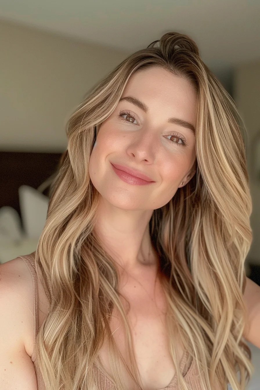 Golden blonde with subtle caramel lowlights and a hint of ashy undertones, this long, wavy style creates an ethereal look. The soft waves and face-framing layers add just the right amount of movement, making it perfect for those seeking a bit of volume without overwhelming the hair’s natural texture.