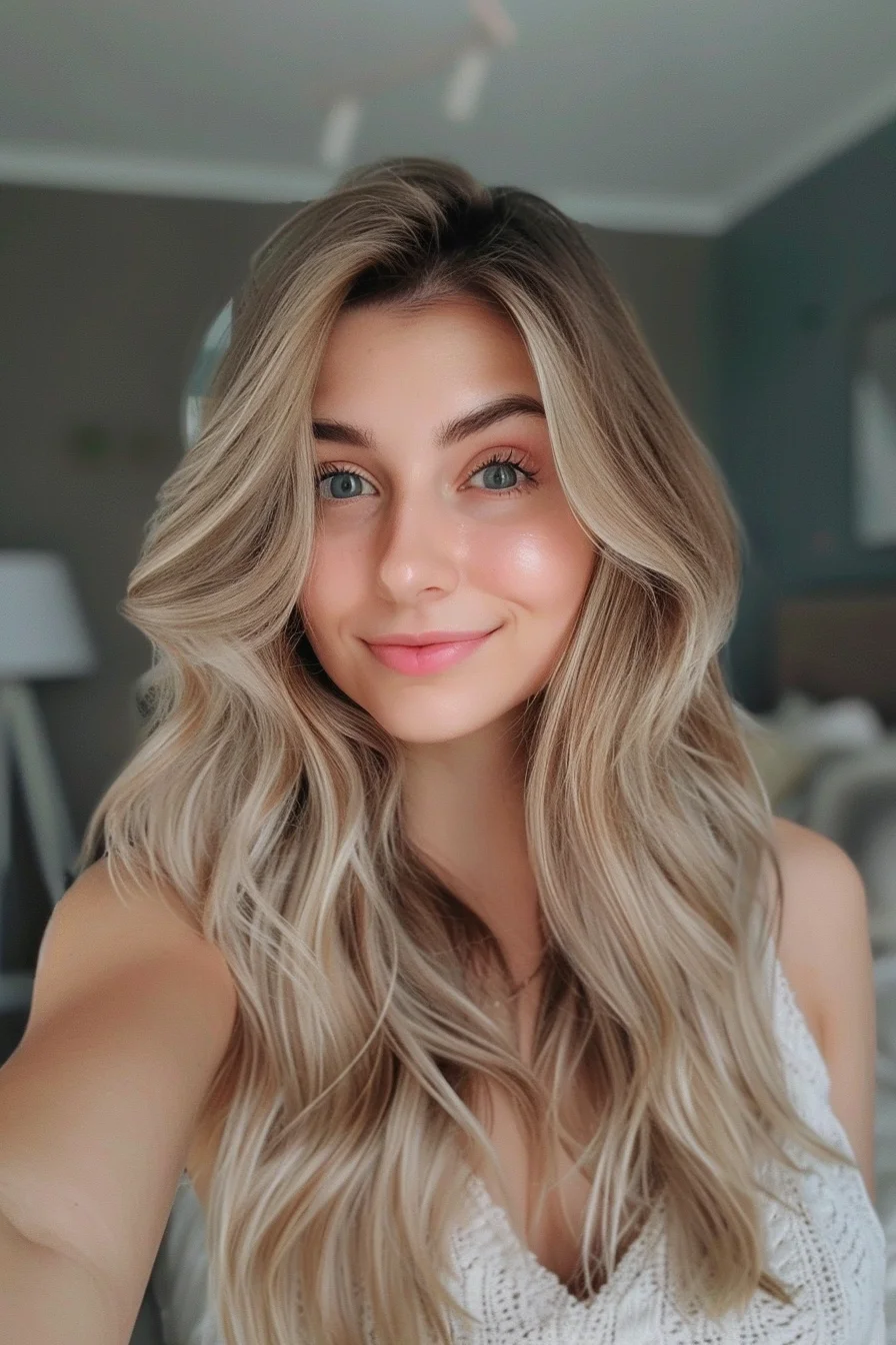 A modern twist on classic blonde, this hairstyle plays with shades of pale beige and light honey to achieve a sun-kissed glow. The waves are perfectly imperfect, offering a blend of texture and sleekness that feels both effortless and put-together. Ideal for those wanting a bright, face-framing effect without straying too far from natural tones, it’s the epitome of laid-back glam.