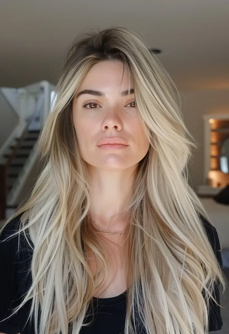Long, layered, and light, this look combines pale blonde with silvery highlights for a luminous effect. The subtle layers add volume and movement, while the lighter ends create a soft, diffused glow around the face. It’s a style that embodies the perfect balance between sleek and tousled, making it a great choice for those looking to keep things fresh and bright with a touch of cool undertones.