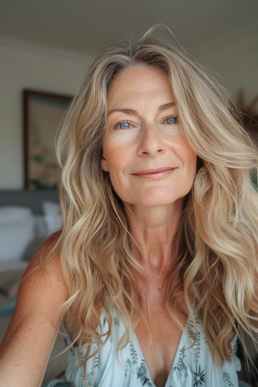 A beautiful blend of warm golden blonde tones paired with soft waves that cascade gracefully around the face. This style brings out natural movement and volume, making it perfect for those who love a sun-kissed look all year round. The soft layering adds a gentle bounce, enhancing the overall lightness and airiness of the hair, while the subtle highlights add dimension and brightness, creating a radiant and youthful appearance that’s both effortless and stylish.