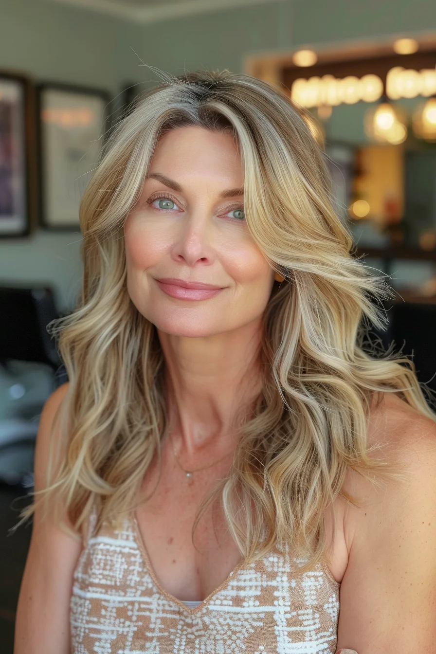 With a stunning mix of warm honey and cool ash tones, this look brings a fresh twist to classic blonde. The slightly tousled waves offer a carefree feel, while the expertly placed highlights brighten the face without overpowering. A touch of darker lowlights at the roots keeps the look grounded and natural, making it effortlessly chic and wearable for any occasion.