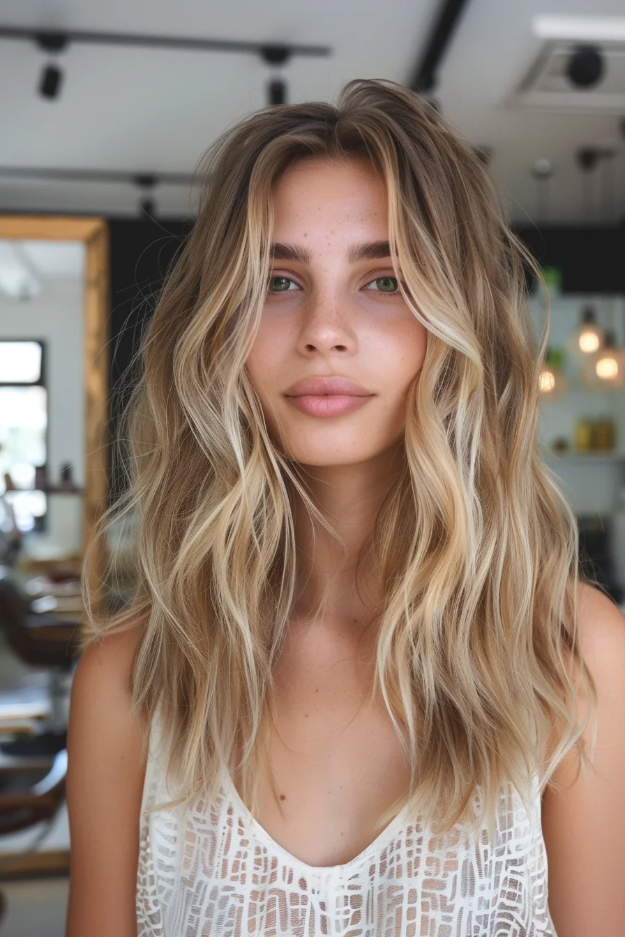 A chic, bohemian-inspired look with tousled waves that effortlessly combine various shades of blonde, from light honey to creamy beige. The shoulder-length cut gives it a modern edge, while the slightly undone texture adds a touch of carefree sophistication. This style is perfect for those seeking a versatile and low-maintenance look that still feels polished and put-together. It’s all about embracing that lived-in, beachy vibe that transitions seamlessly from day to night.