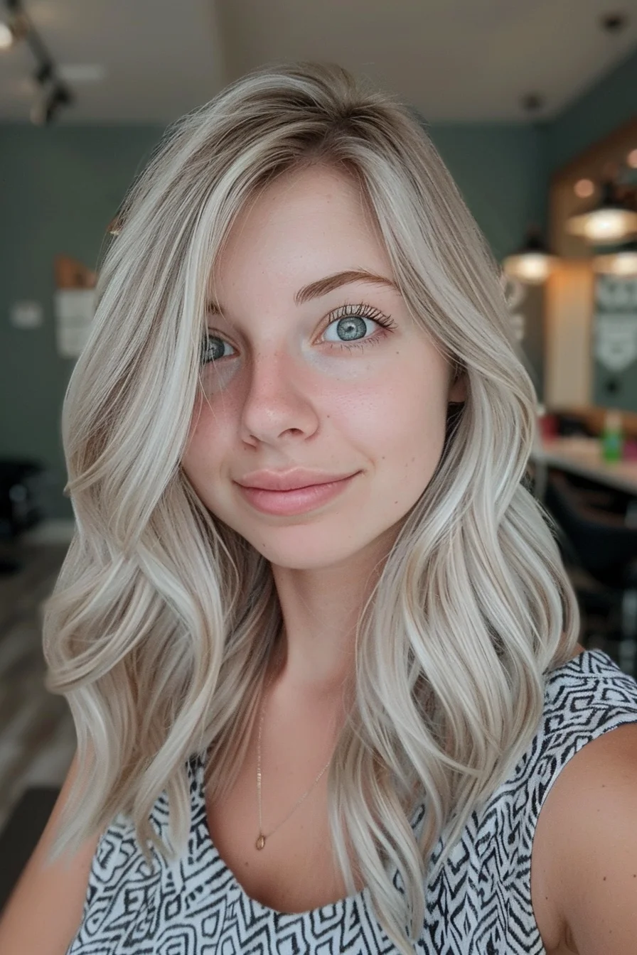 With its cool, silvery undertones, this soft, wavy bob brings a fresh twist to traditional blonde. The subtle, icy highlights throughout give the style a luminous glow, while the gentle waves add volume and texture, making it an ideal choice for those looking to brighten up their look with a contemporary edge. 