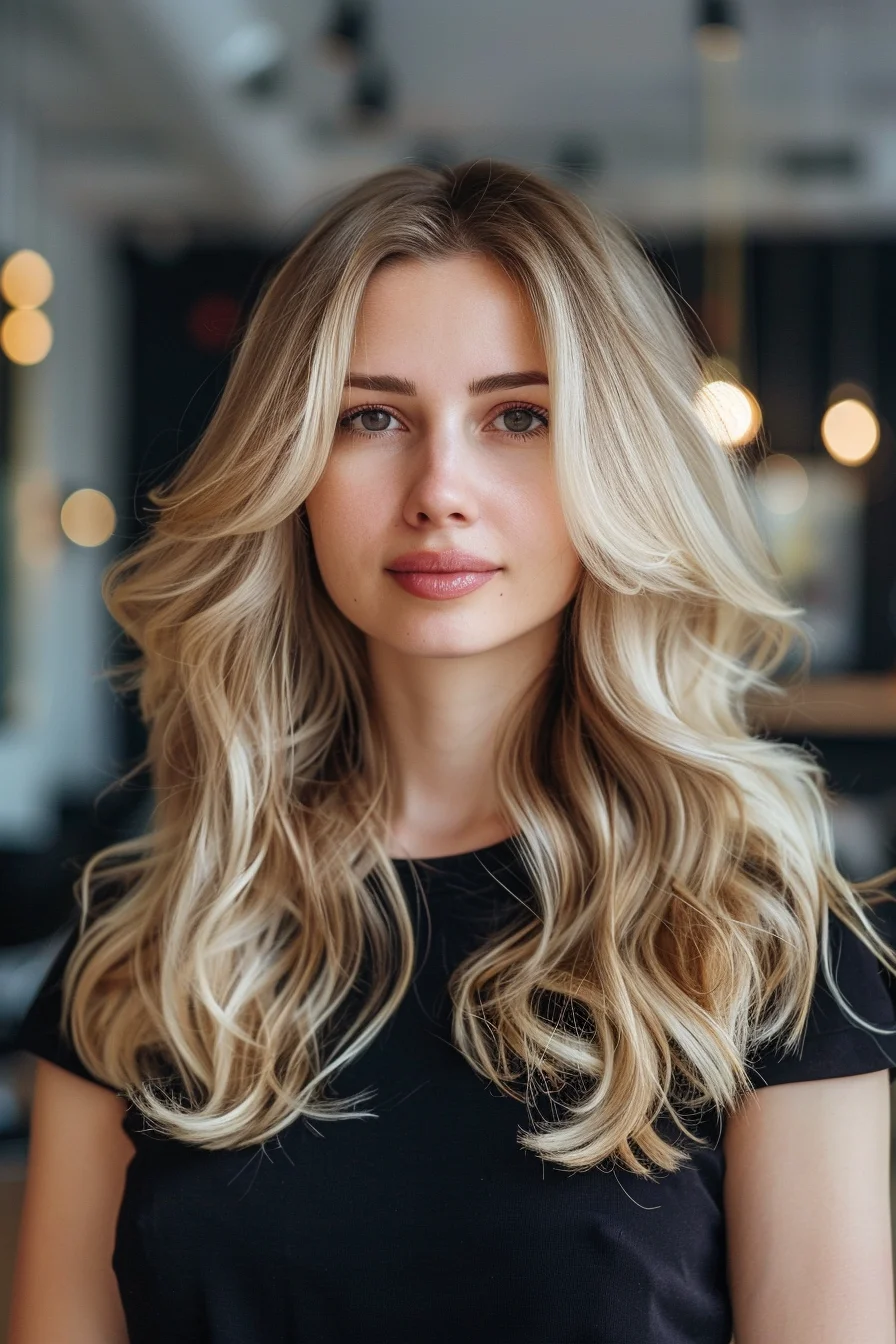 This voluminous, flowing style combines a rich, buttery blonde with soft, loose curls for an effortlessly glamorous look. The gentle waves and face-framing layers bring out the best in long hair, adding movement and lightness. The color transitions smoothly from darker roots to lighter tips, creating a sunlit effect that’s perfect for capturing the essence of fall. It’s a classic style that balances sophistication and playfulness beautifully.