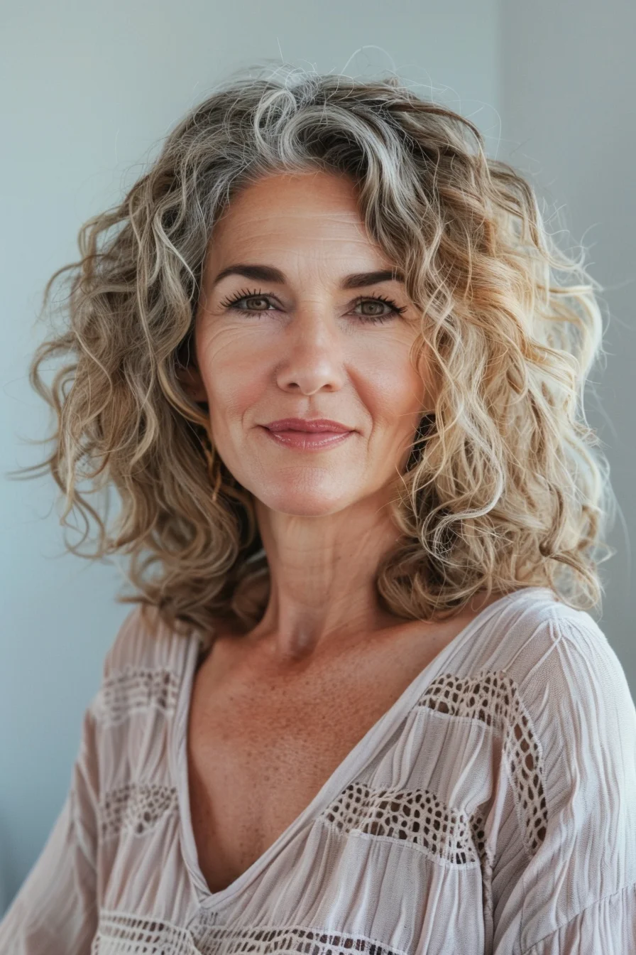 A beautiful blend of natural greys and blonde highlights, this curly hairstyle is all about embracing texture. The voluminous curls add dimension and depth, while the mix of shades gives it a dynamic, multi-tonal look. Perfect for those who want to highlight their natural curls while adding a bit of brightness, this style is both playful and refined, offering a modern approach to embracing natural beauty with confidence.
