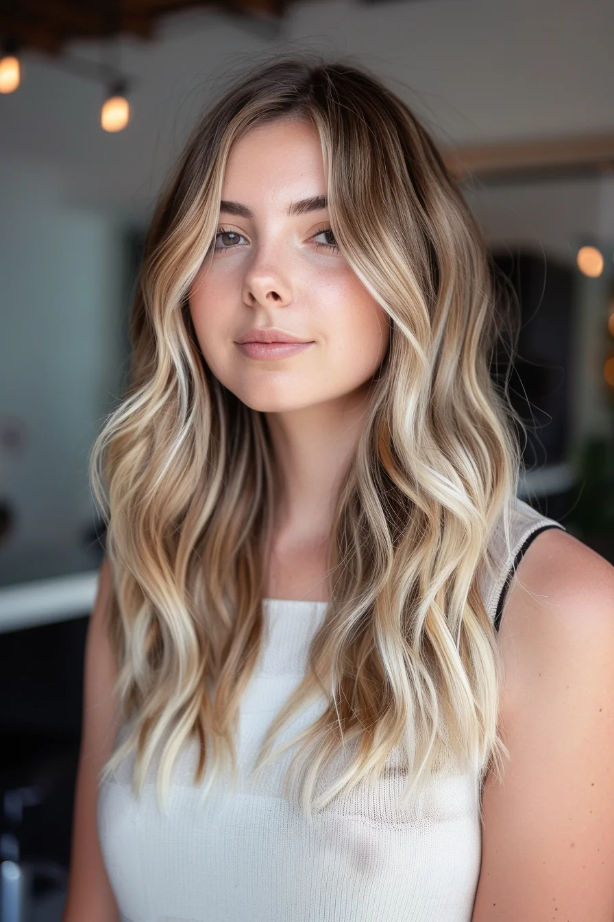 Soft, cascading waves with subtle blonde balayage create a look that’s both modern and timeless. The color melt transitions seamlessly from darker roots to brighter ends, giving the hair a sun-kissed effect that enhances its natural movement. This style is perfect for those who love a relaxed yet polished look, with just enough volume and body to keep things interesting. It’s a go-to for anyone wanting to add some warmth and light to their everyday style.
