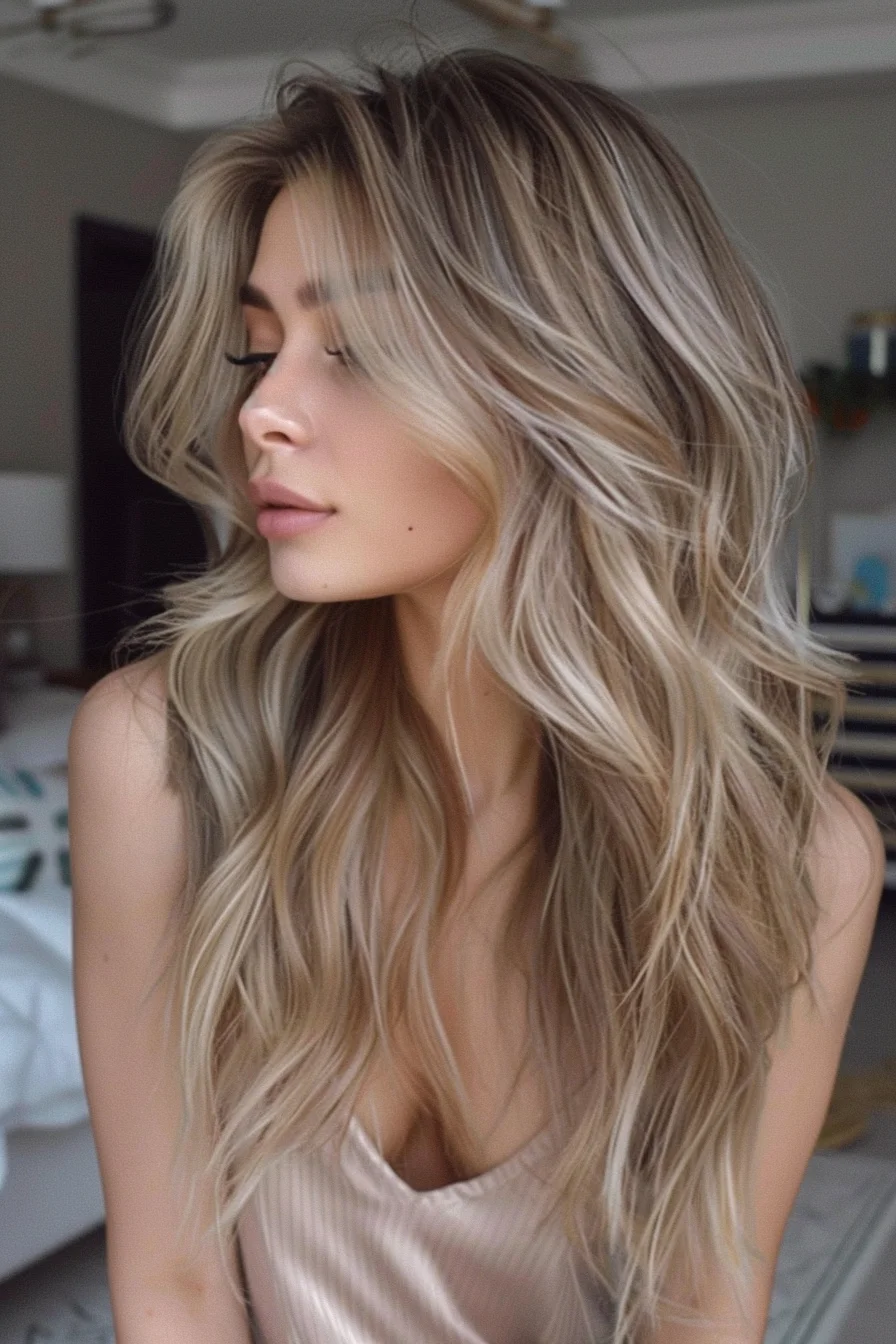 A cascading waterfall of blonde waves gives off a natural, sun-kissed glow, perfectly complemented by soft shadow roots that add depth and dimension. The cut features long, face-framing layers that gently curve around the cheeks, creating a flattering silhouette that feels both relaxed and effortlessly chic. Subtle highlights blend seamlessly throughout, enhancing the texture and movement for a look that's warm and inviting—ideal for cozy autumn days.