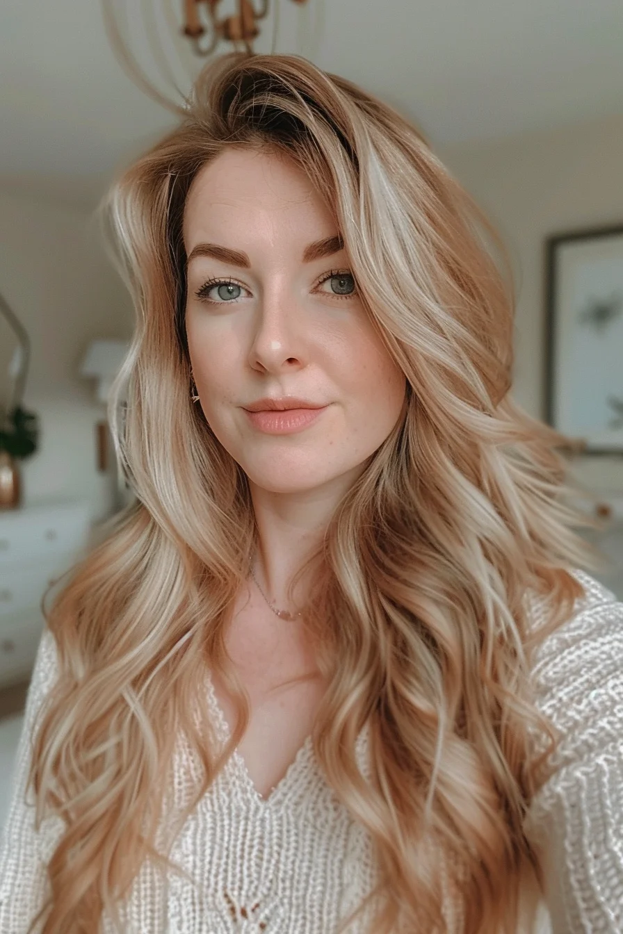 Long, voluminous waves take center stage with this blonde look, characterized by a creamy, golden hue that exudes warmth and radiance. The soft balayage technique starts with darker roots and gradually lightens towards the ends, giving a seamless gradient effect that feels organic and modern. Layers are minimal, focusing instead on a smooth, flowing shape that emphasizes the hair's natural shine and bounce, making it a go-to for those seeking a touch of understated glamour.
