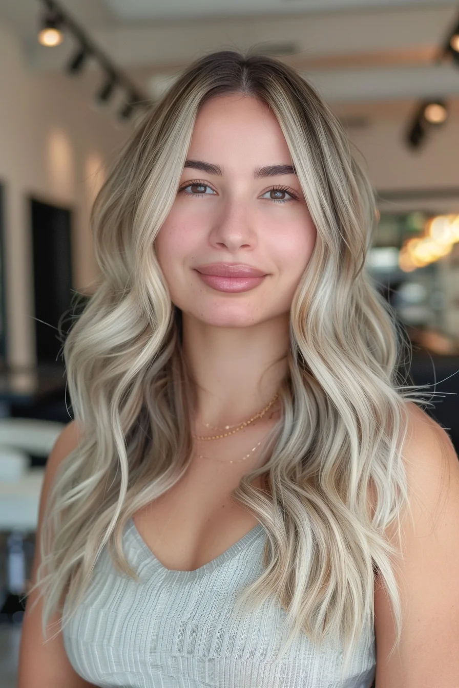 Radiating a light, buttery blonde, this hairstyle marries smooth, polished waves with a clean center part, drawing attention to the symmetry and balance of the face. Soft, face-framing pieces are meticulously placed to highlight the cheekbones, while the gentle root shadow keeps the look grounded and versatile. The overall effect is luminous and refined, with a glossy finish that captures light beautifully, making it perfect for brightening up the mood of fall.