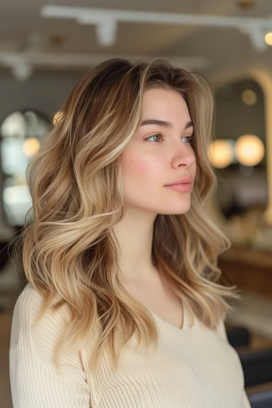 Soft waves cascade elegantly in a mix of golden and honey blonde tones, accented by a subtle root smudge that adds a laid-back touch. The cut incorporates gentle layers that begin just below the chin, allowing the hair to flow freely and maintain a light, airy appearance. This blend of warm and cool shades creates a multidimensional effect that feels fresh and contemporary, ideal for those who love a beachy, lived-in vibe that transitions effortlessly into cooler seasons.