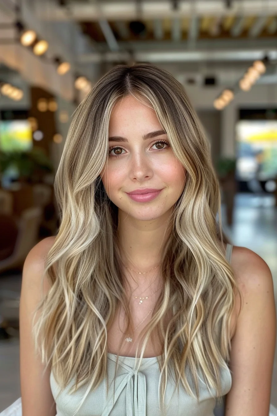 This fall-inspired blonde showcases a delightful blend of beige and champagne hues, seamlessly blended with a few brighter strands that catch the light beautifully. The waves are soft and touchable, cascading just past the shoulders for a relaxed yet polished finish. A slightly off-center part breaks the symmetry, adding a playful touch that keeps the overall look from feeling too formal. It's a perfect choice for those looking to add a hint of brightness to their autumn style.