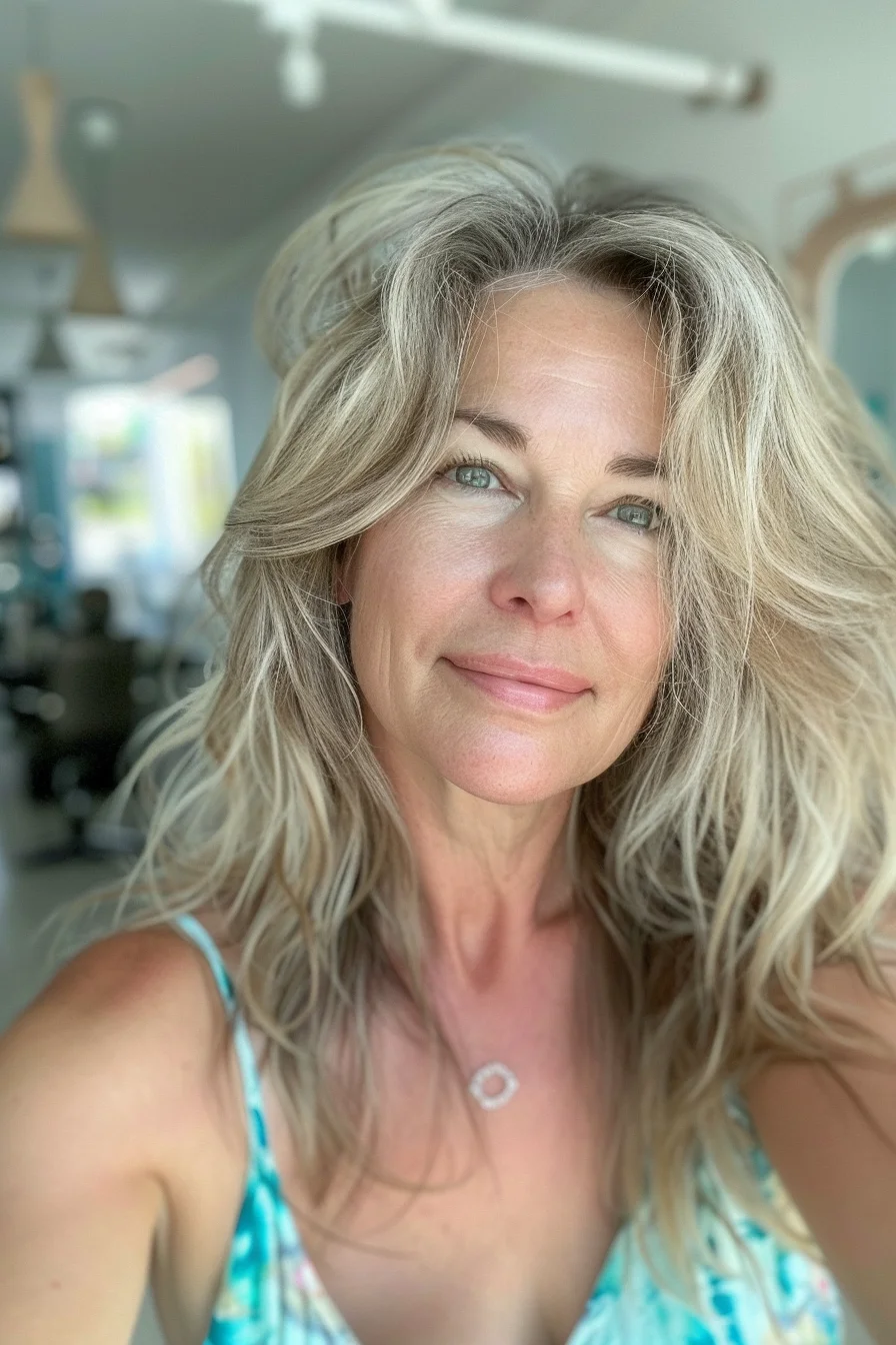 A casual and carefree blend of sandy blonde shades with natural grey accents gives this hairstyle an effortlessly chic vibe. The layers add volume and movement, framing the face beautifully and enhancing the overall texture. Soft waves create a relaxed yet polished appearance, perfect for embracing the natural transition of hair color while keeping things fresh and stylish for fall.