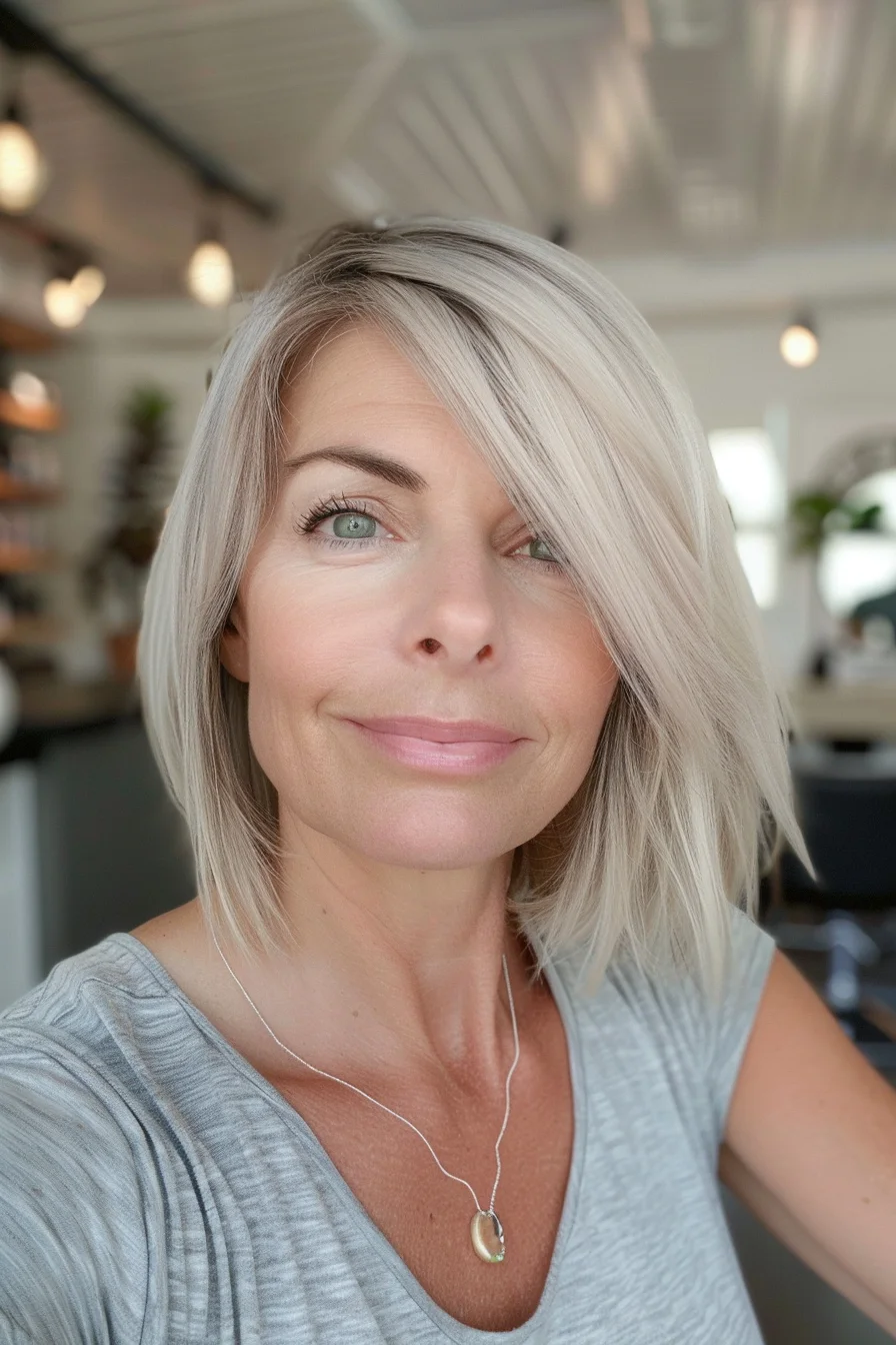 Sporting a sleek, modern bob, this look features a striking platinum blonde with a hint of cool undertones. The sharp, precise cut sits just at the jawline, with a side-swept fringe adding a touch of softness and versatility. The minimal layering keeps the focus on the clean lines and the glossy finish, making it a sophisticated option for those looking to elevate their style with a bold statement.