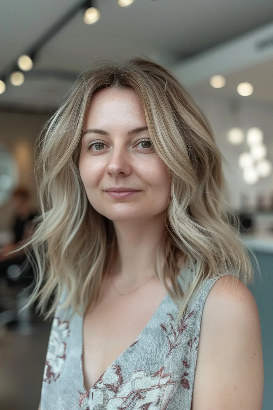 Soft, tousled waves in a light ash blonde give this medium-length hairstyle a youthful and breezy appeal. Gentle highlights throughout add a touch of brightness, while the subtle layers around the face soften the look, making it universally flattering. This cut balances casual elegance with just the right amount of structure, perfect for those seeking an easygoing yet polished style for the season.