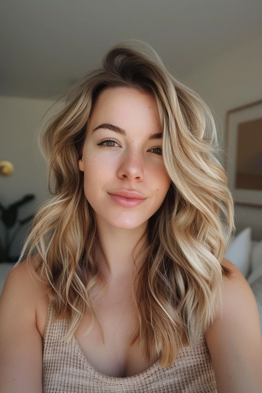 Defined waves in a warm, golden blonde cascade effortlessly, offering a beautiful blend of light and depth that catches the light in all the right ways. The subtle ombré effect, transitioning from darker roots to lighter ends, gives the hair a sun-kissed finish. Slightly off-center parting adds a bit of asymmetry, enhancing the face-framing effect and making it an excellent choice for a fresh, vibrant look.