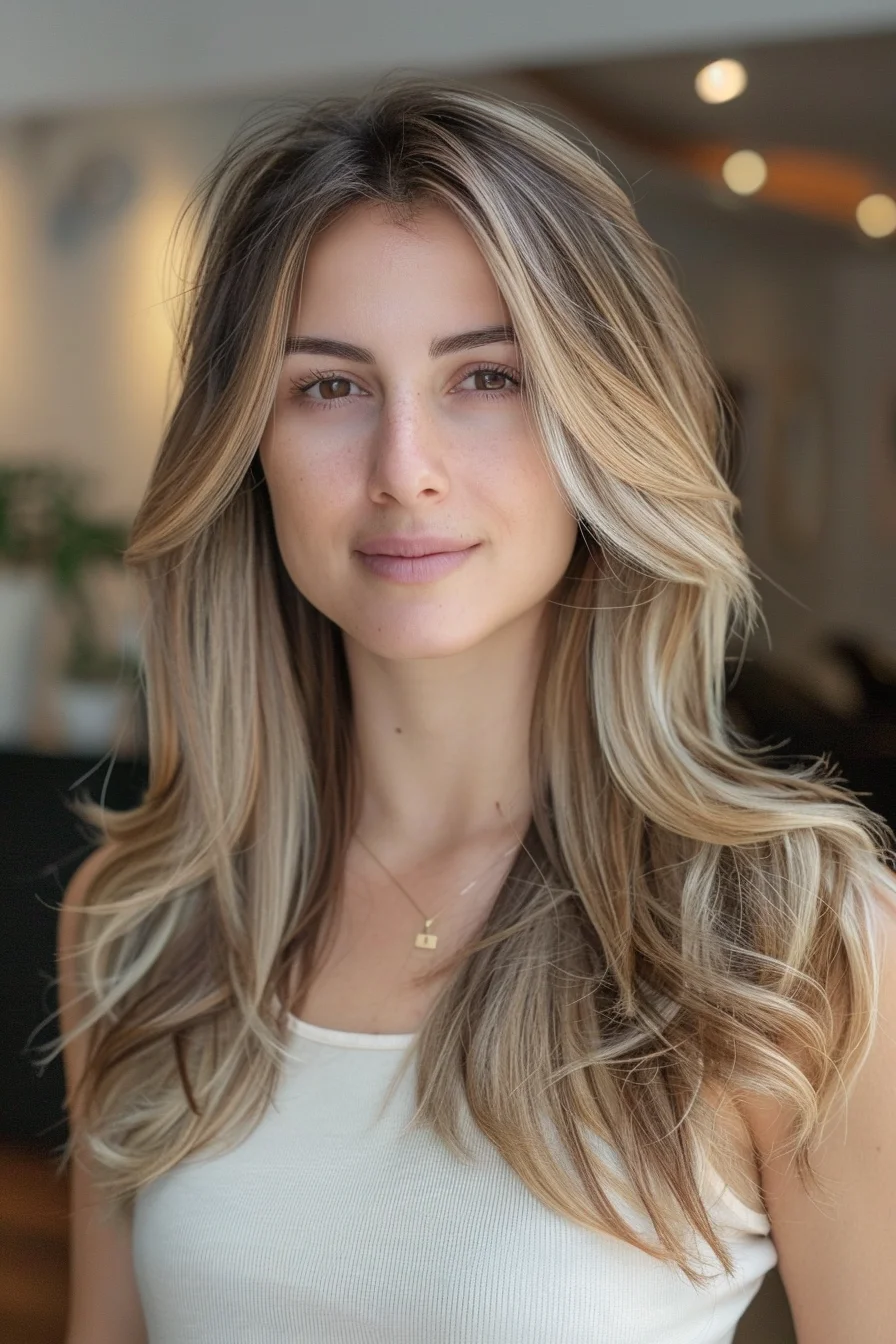 This style is all about texture and movement with a shoulder-grazing length that’s layered to perfection. Honey and caramel blonde hues intermingle, creating a rich, multidimensional effect that’s both warm and inviting. The waves are loose and natural, adding volume without overpowering the simplicity of the cut, making it a versatile choice that transitions seamlessly from day to night.