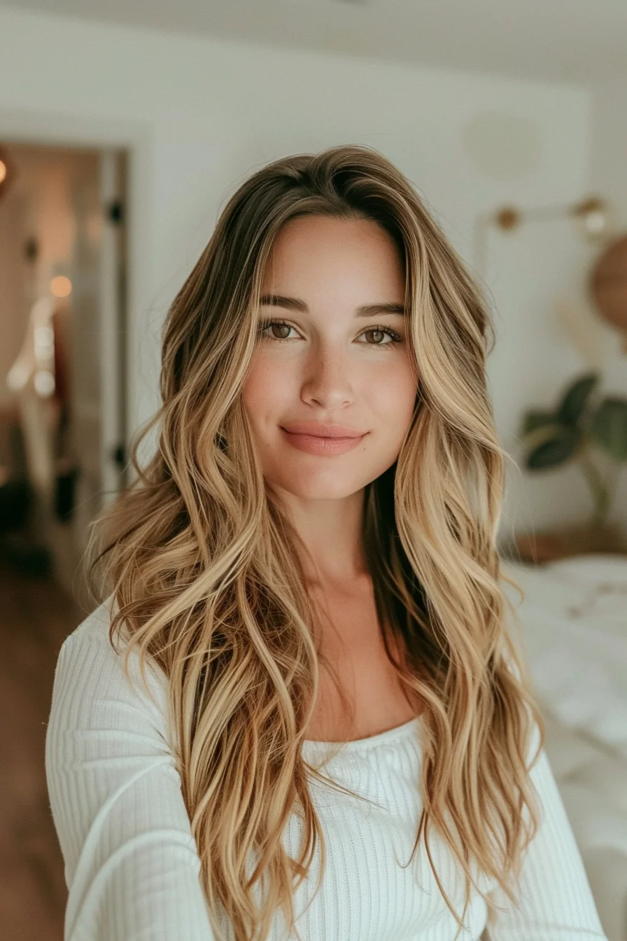 Long, flowing waves in a mix of honey and light blonde shades give this hairstyle a romantic, ethereal feel. The soft, blended layers start around the chin, adding dimension and framing the face beautifully. A center part keeps the look balanced and modern, while the subtle highlights throughout add a radiant glow that’s perfect for complementing fall’s golden tones. This look is ideal for those wanting a blend of length and texture with a light, airy finish.