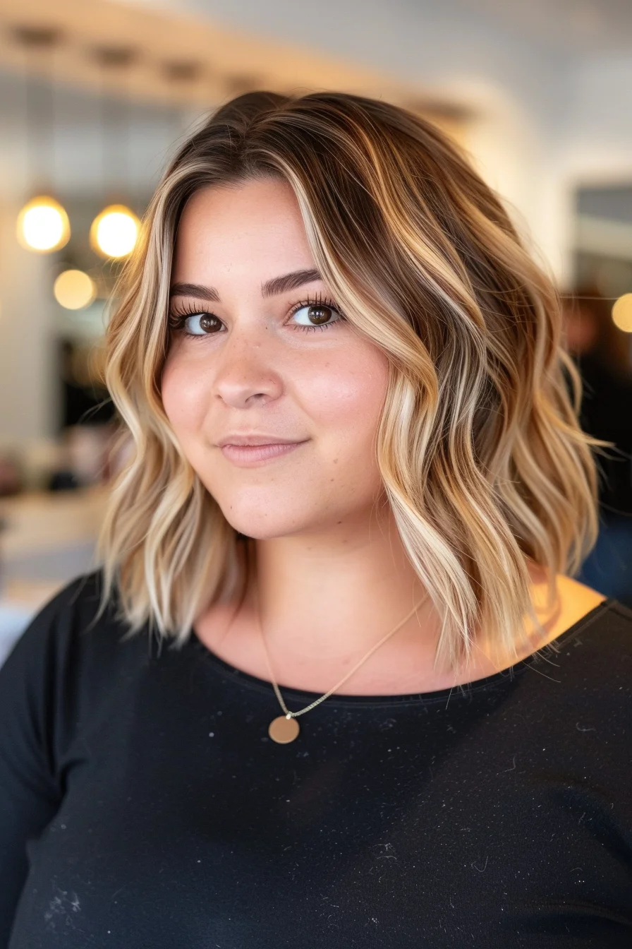 This effortlessly chic hairstyle features a warm blonde balayage that seamlessly blends golden tones with subtle honey highlights. Soft waves cascade just past the shoulders, creating movement and texture. The cut incorporates face-framing layers that enhance the natural volume and give a youthful, fresh appearance. Root shadowing adds depth, while the overall color gradient evokes the cozy warmth of autumn sunlight filtering through changing leaves.