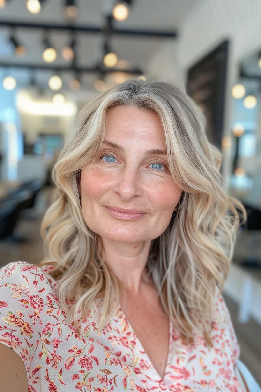 Luxurious waves take center stage in this stunning long-haired look. A masterful blend of cool and warm blonde hues creates a multi-dimensional effect that catches the light beautifully. Dark roots transition into a milky blonde, with hints of caramel and platinum woven throughout. The hair's length allows for dramatic, flowing curls that add body and glamour. It's a head-turning style that embodies both beachy relaxation and red-carpet readiness.
