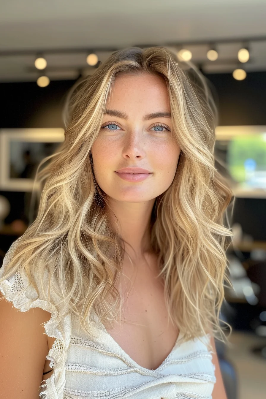 Effortless yet refined, this layered blonde hairstyle captures a mix of buttery and platinum tones, offering depth and richness. The cascading waves frame the face gently, giving a soft and romantic look that's both modern and versatile. It's a beautiful, low-maintenance option for those seeking a natural-looking blonde with a bit of extra shine and vibrancy.