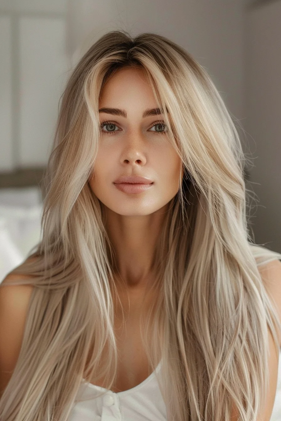Embodying the essence of fall, this shoulder-length cut showcases a brilliant blonde that's both radiant and natural-looking. Loose, tousled waves add texture and volume, creating an effortless, lived-in vibe. The color incorporates subtle lowlights for depth, while brighter pieces around the face brighten the complexion. This versatile mid-length style strikes the perfect balance between polished and carefree, ideal for transitioning from summer to autumn.