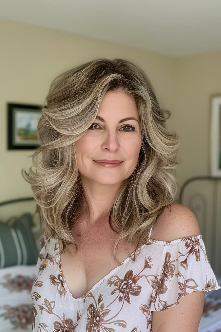 Exuding timeless elegance, this long blonde hairstyle captures the golden hues of autumn foliage. Soft, face-framing layers enhance the natural wave pattern, creating a cascade of gentle curls that fall past the shoulders. The color is a harmonious blend of honey, wheat, and champagne blonde tones, with slightly darker roots for a contemporary edge. This luminous look radiates warmth and sophistication, perfect for those crisp fall days.