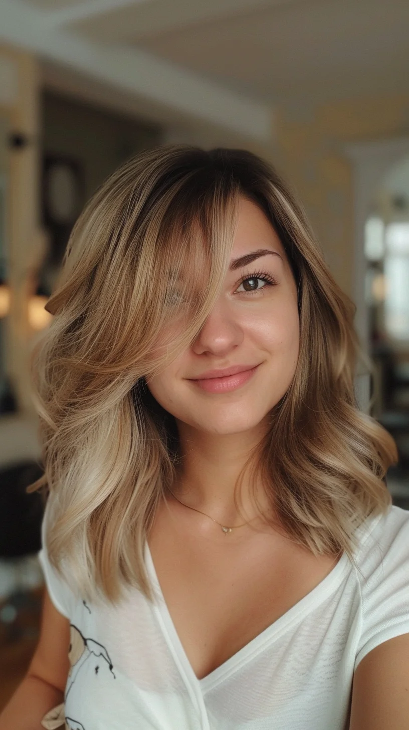 Embracing the richness of autumn, this medium-length cut features a warm, buttery blonde that's utterly enchanting. Voluminous waves add body and movement, while strategically placed highlights brighten the overall look. The color gradually lightens from a darker base to sun-kissed ends, mimicking the natural fading effect of summer. Soft layers around the face enhance the style's flattering qualities, making it a versatile choice for various face shapes and skin tones.