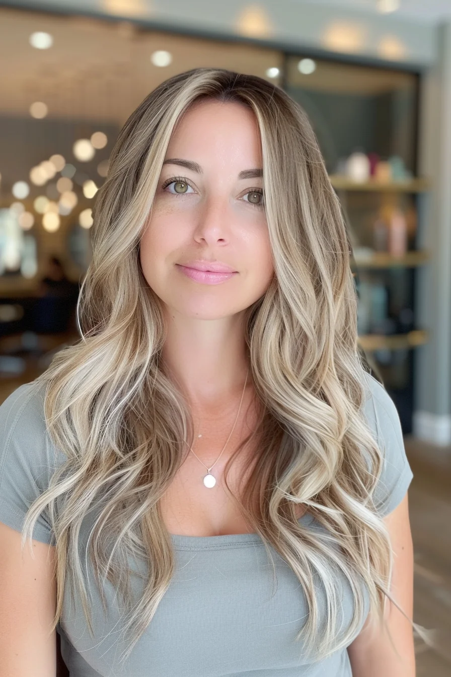 This softly waved blonde is all about depth and dimension, featuring a stunning interplay of caramel, beige, and platinum hues. The gradual fade from darker roots to lighter ends creates a seamless, natural transition, ideal for a subtle yet eye-catching effect. It's a perfect blend of cozy warmth and radiant brightness, capturing the essence of fall in a beautifully understated way.