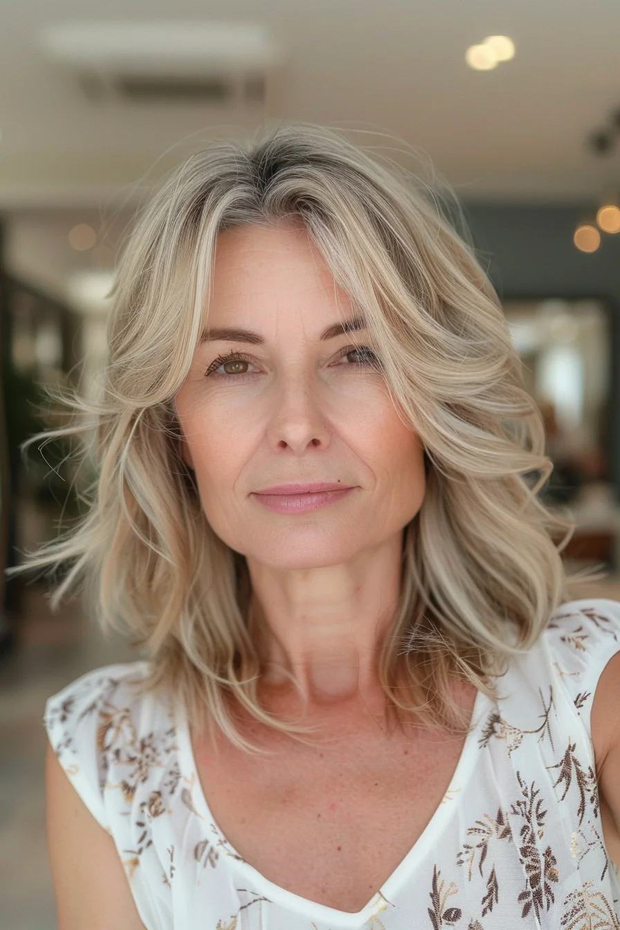 Soft layers around the face create a gentle, cascading effect that beautifully complements the ashy blonde tones of this shoulder-length cut. The subtle highlights add dimension, making the hair appear fuller and more textured without overpowering the natural base. Perfect for a laid-back, yet polished look that works seamlessly for both casual and more dressed-up occasions.