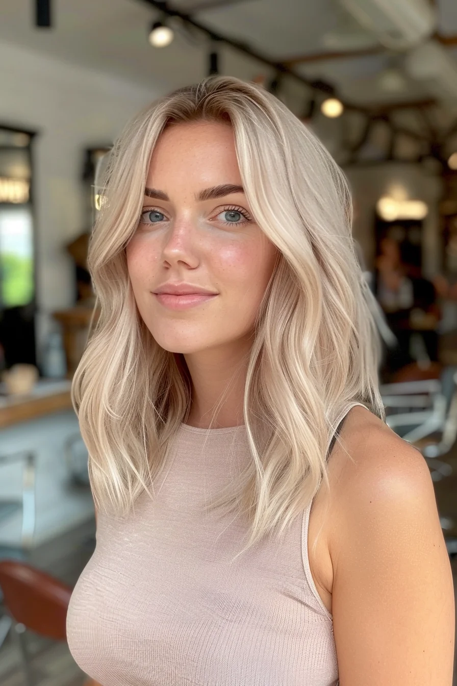 A creamy blonde base is brought to life with hints of cool undertones, creating a fresh and airy look that's effortlessly chic. The long, straight layers frame the face gently, adding just the right amount of structure. This style is a go-to for those who love a clean and modern appearance, with enough softness to keep it approachable and easy to manage day-to-day.
