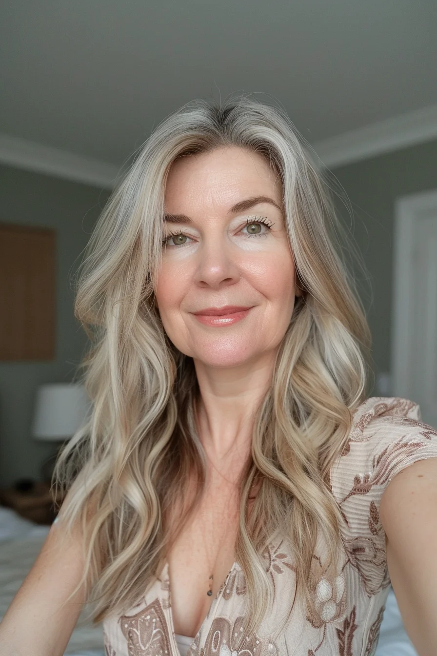 This relaxed wave look features a soft, muted blonde with touches of silver and beige, creating a versatile and sophisticated style. The waves are loose and flowy, adding volume without being too structured, making it a great option for those who prefer a more natural, lived-in look. The interplay of light and shadow gives this hairstyle a subtle, sun-kissed glow.