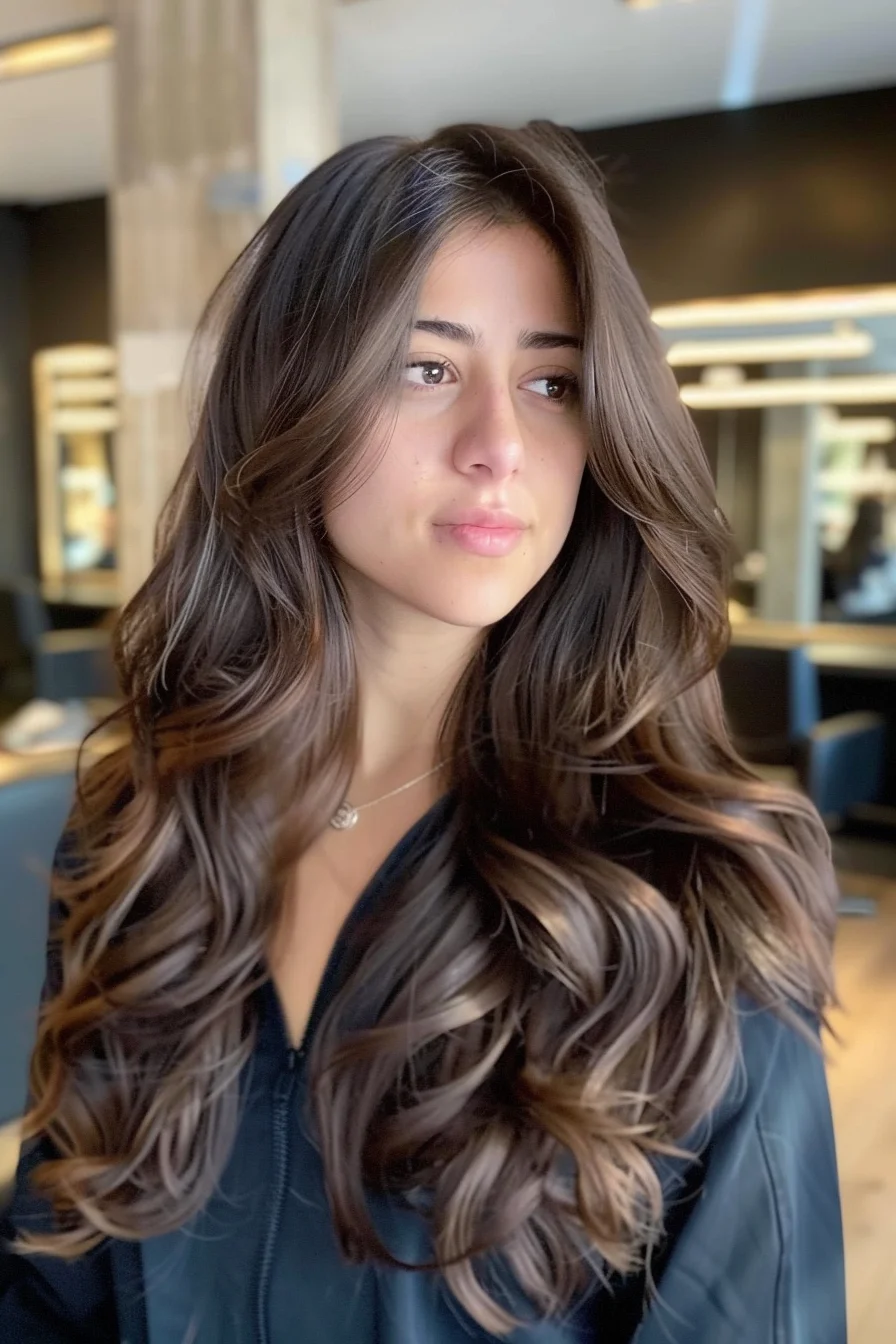 Soft, cascading waves in a deep espresso hue create a beautiful silhouette that’s both striking and subtle. Light layers add movement, while the rich, dark tone keeps the look grounded and sophisticated. This hairstyle is ideal for those who want to maintain a dark base with a hint of texture and movement.