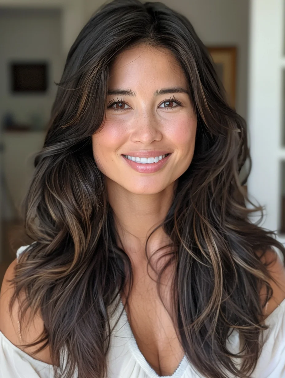 This look features long, voluminous waves that cascade effortlessly down the shoulders. Rich, dark tones are accented by subtle, face-framing highlights, adding just the right amount of dimension. The middle part gives it a modern twist, making it versatile for day or night, while the textured ends keep it light and airy.