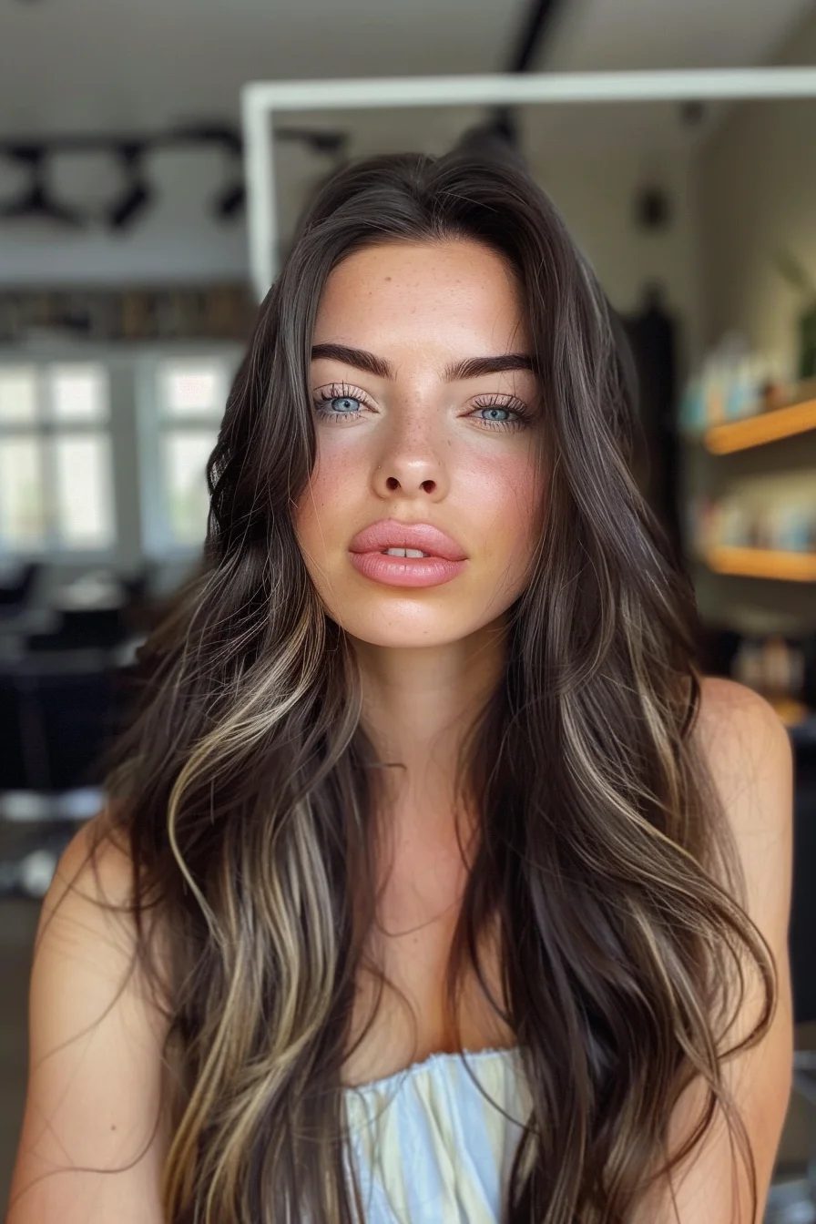 Long, sleek waves in a deep espresso tone flow down with an eye-catching, glossy finish. Subtle streaks of lighter brown peek through, adding a touch of dimension that enhances the overall length and texture. This style is great for those who want to keep it simple yet striking, showcasing the natural beauty of brunette hair.