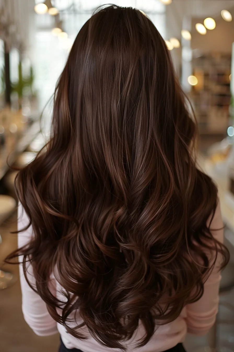 Lush, voluminous waves cascade in rich, chocolate tones that catch the light beautifully. The deep brunette base maintains its depth with minimal highlights, allowing the natural shine to take center stage. This look is perfect for showcasing the fullness and health of long hair, adding a subtle touch of elegance with every wave.