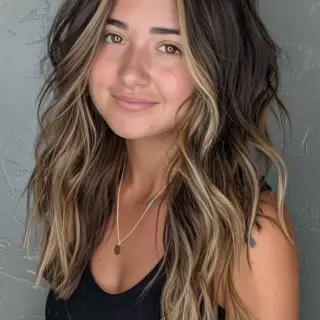 Soft, layered waves frame the face beautifully, accentuating the rich chocolate tones with hints of caramel balayage. The subtle transition from dark roots to lighter ends gives this style a sun-kissed glow, making it versatile for both casual and formal settings. This look adds movement and body, ideal for anyone seeking to enhance their natural texture.