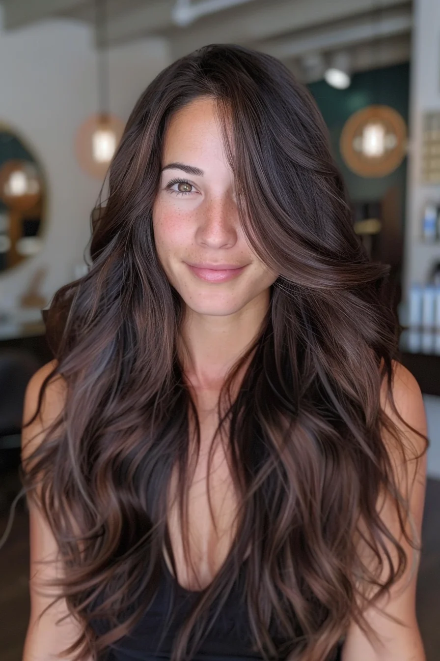 Long, flowing waves in a deep espresso shade create a stunning silhouette that’s full of body and movement. The gentle layering around the face adds softness, while the overall dark tone keeps it bold and striking. This hairstyle is ideal for those wanting to embrace their natural length with a touch of dimension that doesn’t overwhelm.