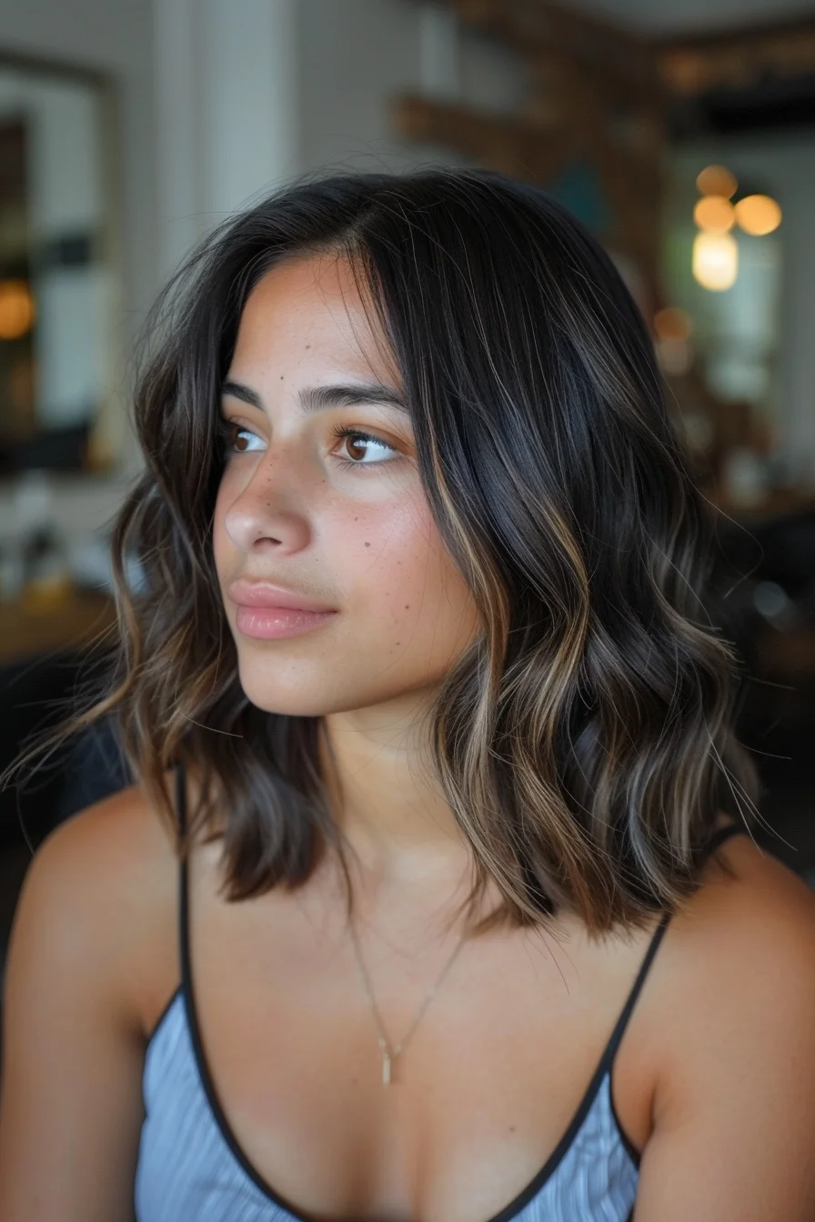 A chic, shoulder-length cut with soft waves gives this brunette look a modern edge. Dark roots blend seamlessly into lighter, sun-kissed tips, creating a subtle ombre effect that’s both trendy and low-maintenance. It’s perfect for those looking to add a bit of lightness to their style without compromising on the richness of a dark brunette.