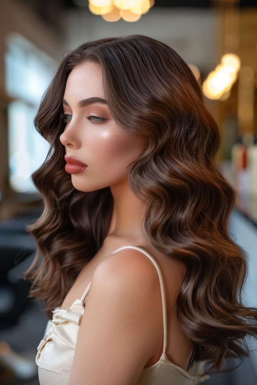 Soft, vintage-inspired waves in a dark chestnut shade give this look a glamorous twist. The sleek, defined waves add a touch of retro elegance, while the rich color keeps it grounded in the modern era. It’s a perfect choice for anyone looking to channel a bit of old Hollywood charm with their everyday style.