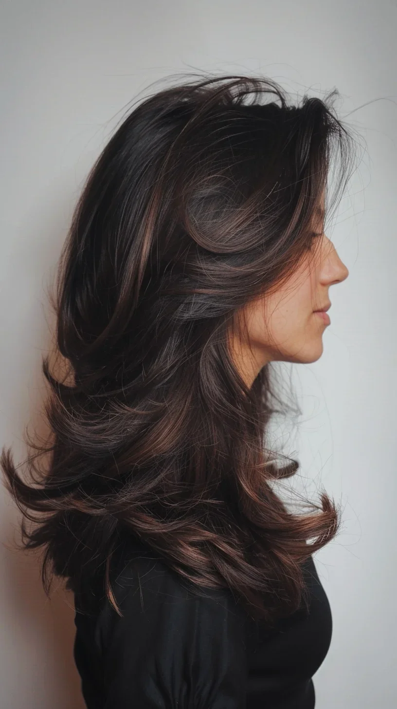 A deep, dark base with a whisper of chestnut highlights throughout adds a touch of warmth and depth. The soft, cascading waves bring out the contrast beautifully, creating a look that's both polished and relaxed. This hairstyle is all about subtle sophistication, ideal for those who want a hint of light without sacrificing their dark allure.