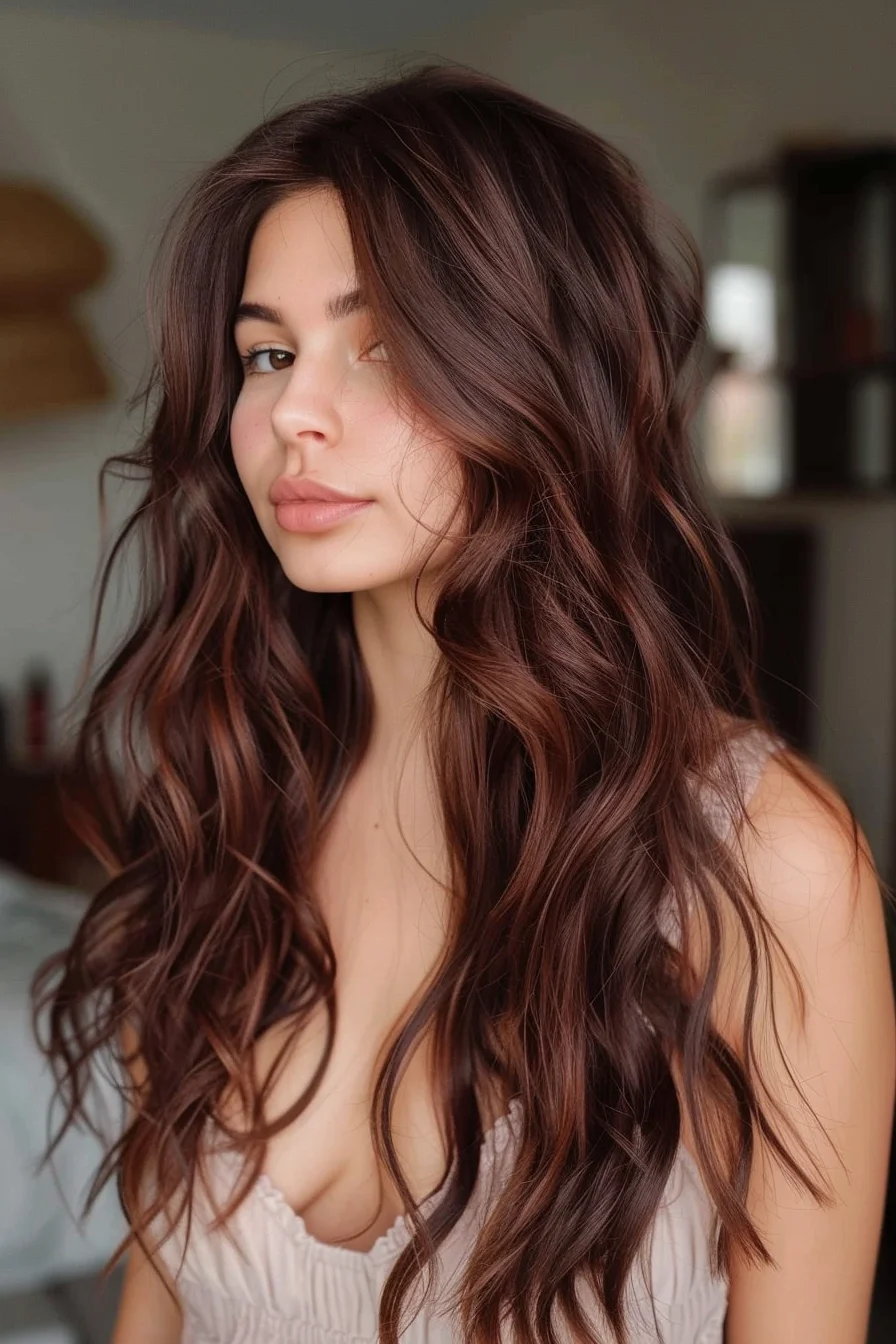 Lush, deep brunette shades are enhanced with barely-there highlights that catch the light in the most flattering way. The soft, tousled waves offer a carefree vibe while the darker base keeps it grounded and chic. This look is all about balancing the boldness of dark hair with the soft touch of dimension, perfect for a night out or a day at the office.