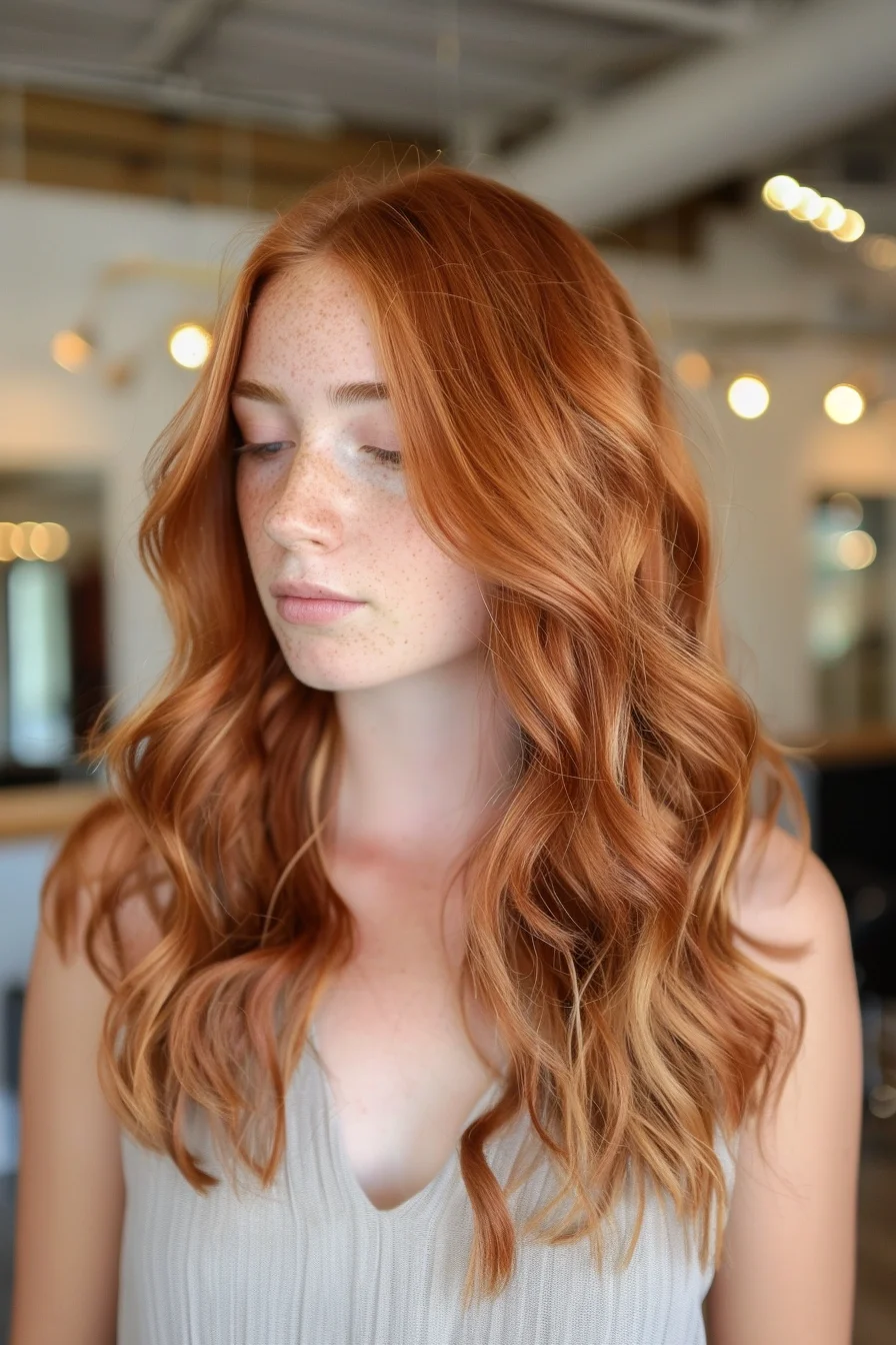 Cascading strawberry blonde curls frame the face with a soft, romantic flair. The warm, multidimensional hue effortlessly blends golden and auburn tones, creating a vibrant, sun-kissed look that exudes natural beauty.