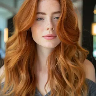 Warm, caramel-toned highlights seamlessly blend into a darker, honey-blonde base, resulting in a rich, multi-dimensional look. Flowing waves and face-framing layers add movement and depth, complementing the luminous color.