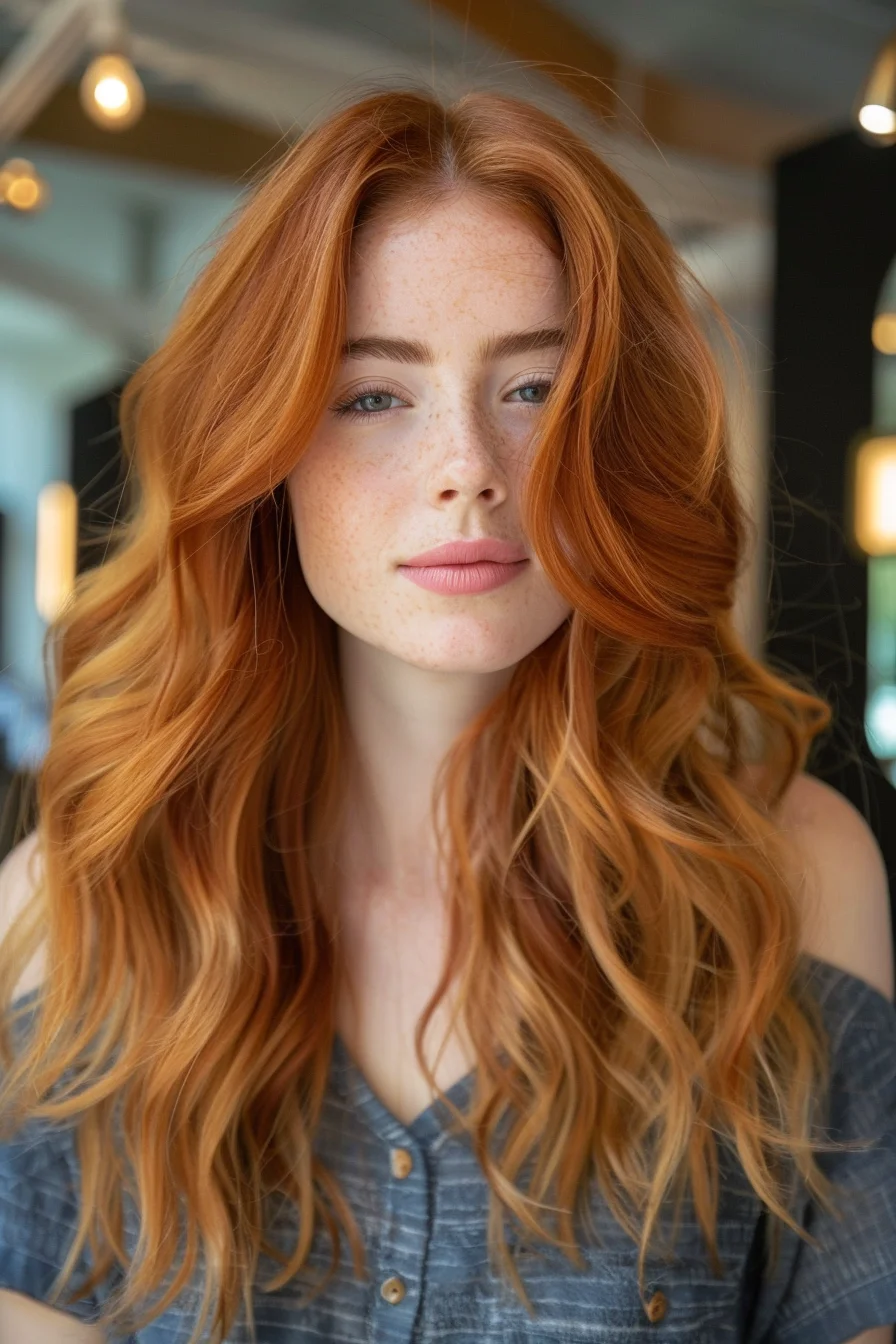 Warm, caramel-toned highlights seamlessly blend into a darker, honey-blonde base, resulting in a rich, multi-dimensional look. Flowing waves and face-framing layers add movement and depth, complementing the luminous color.