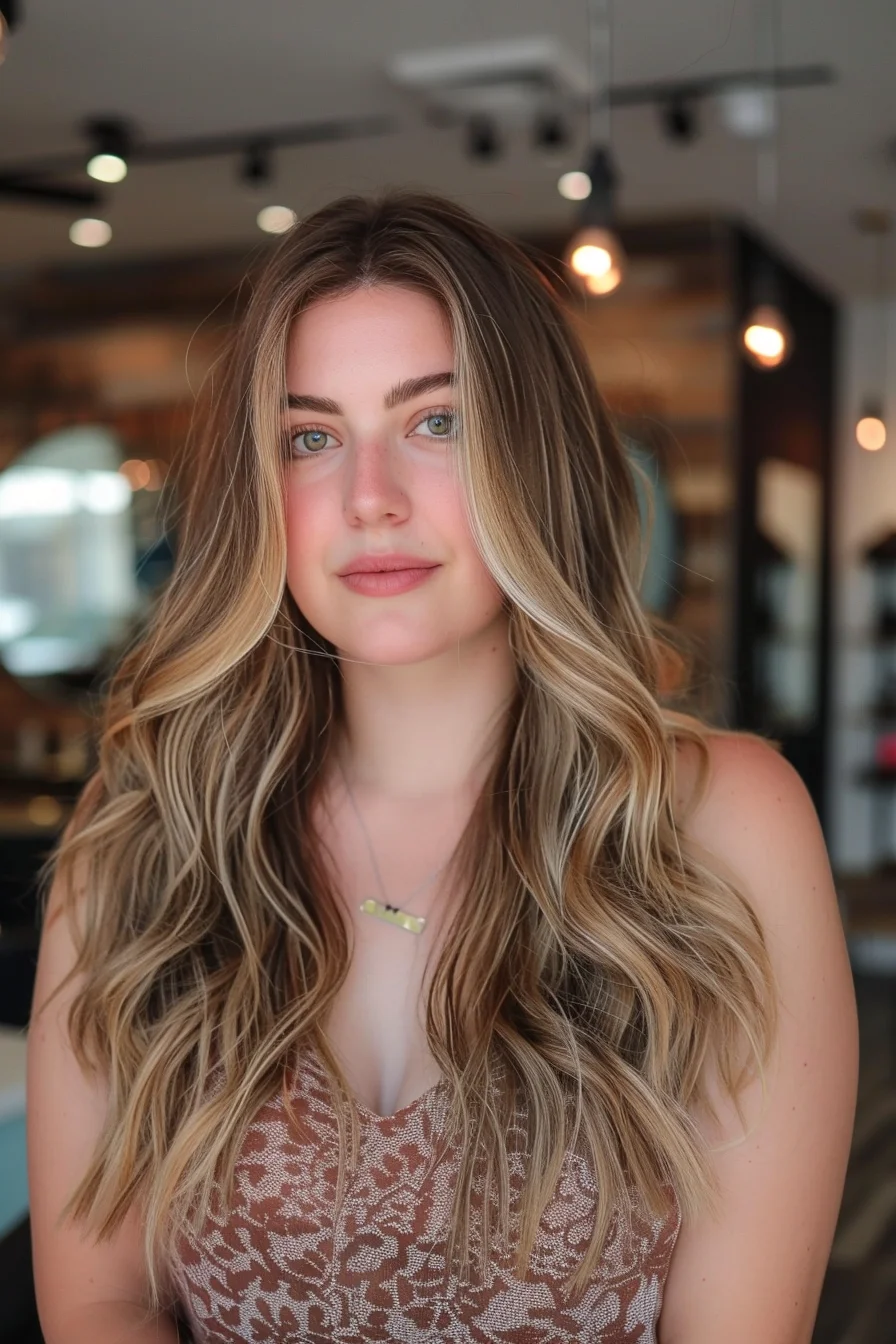 Delicate, buttery-blonde highlights are seamlessly painted throughout a natural, honey-toned base, resulting in a dimensional, sun-kissed effect. Soft, flowing waves and face-framing layers enhance the warm, radiant hue.