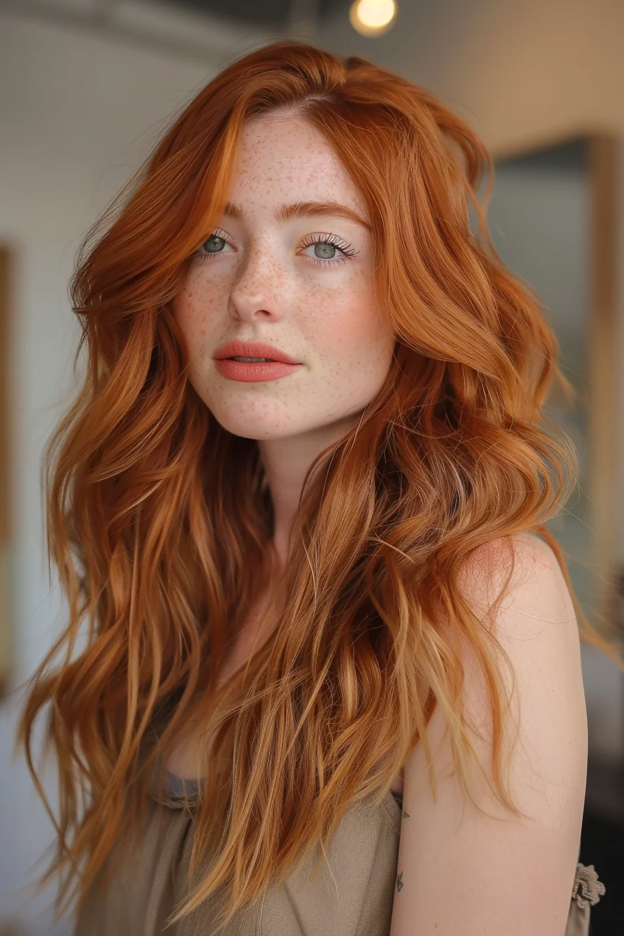 Fiery copper highlights effortlessly mingle with a rich, auburn base, creating a captivating, dimensional style. Cascading waves and face-framing layers lend a natural, sun-kissed appeal that exudes warmth and vibrancy.
